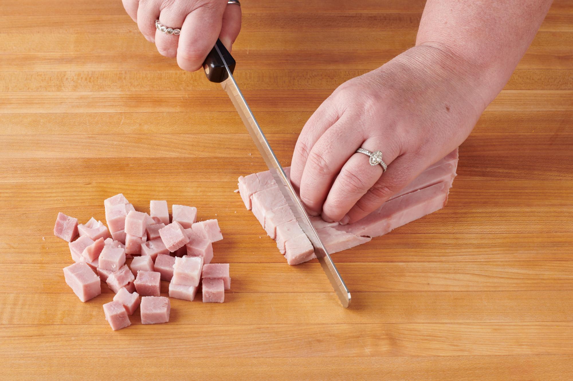 Cubing the ham with a Petite Slicer.