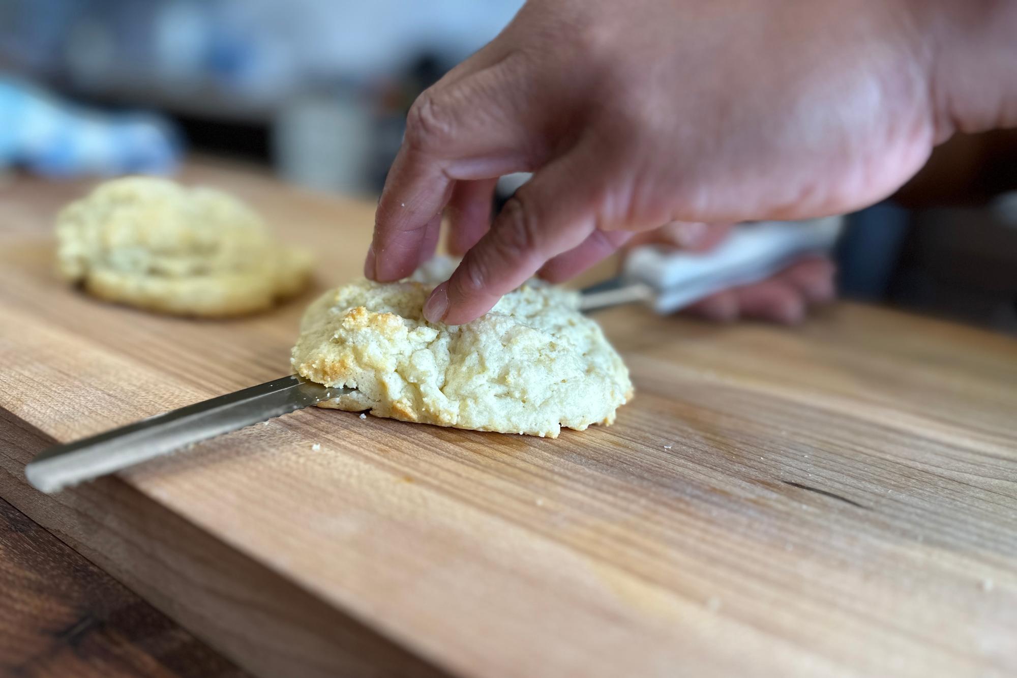Slicing shortbread in half with a Petite Slicer.