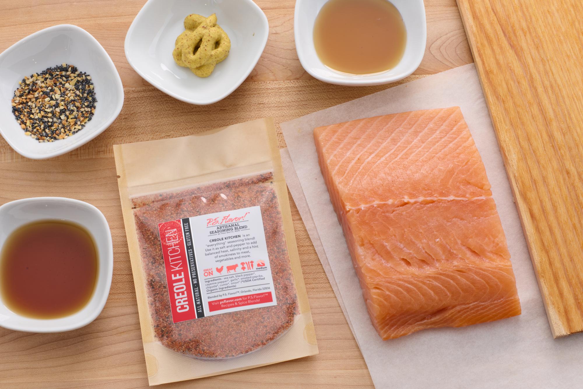 photo of ingredients, plank and salmon