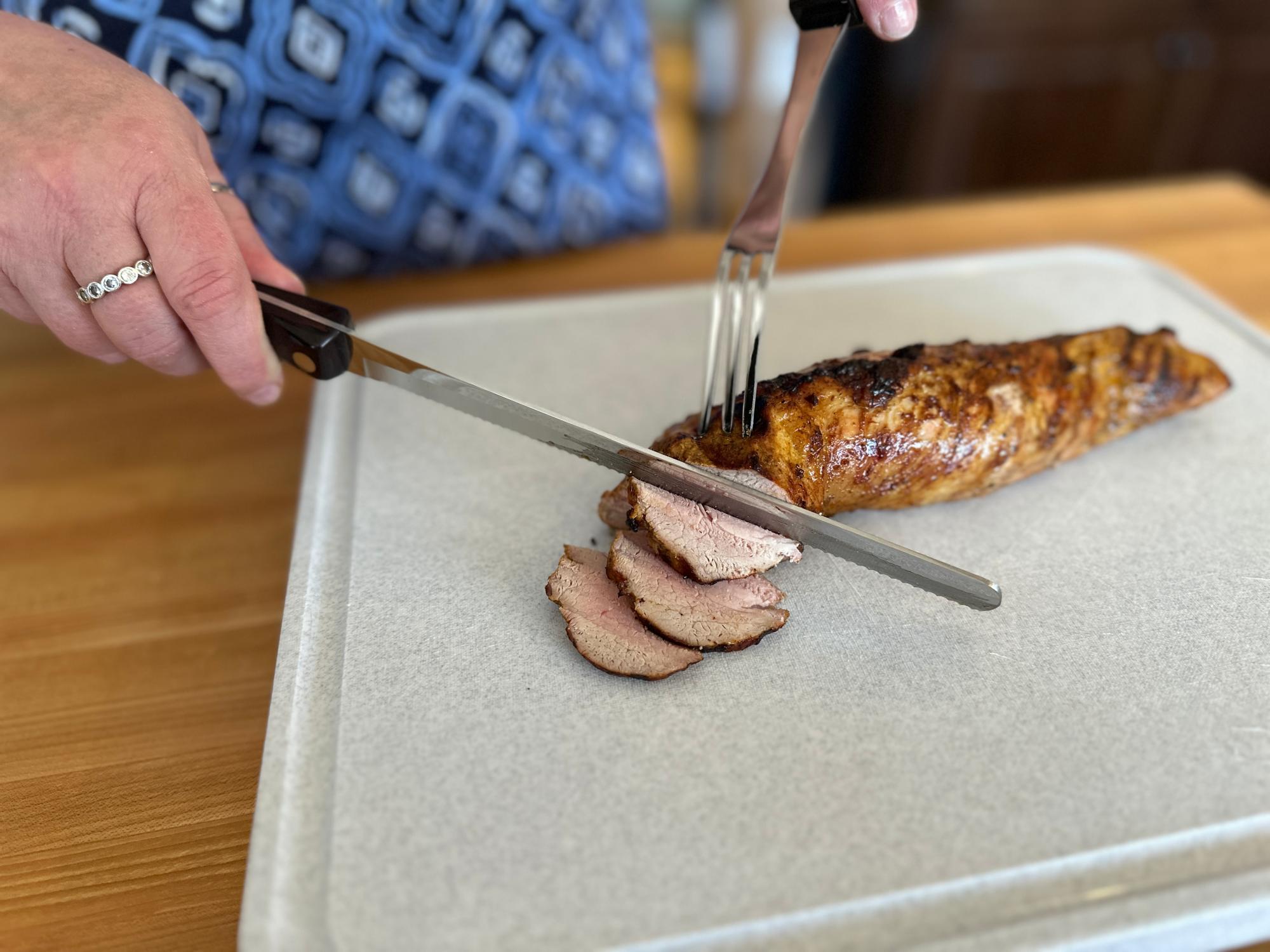 Slicing the pork with a Petite Slicer.
