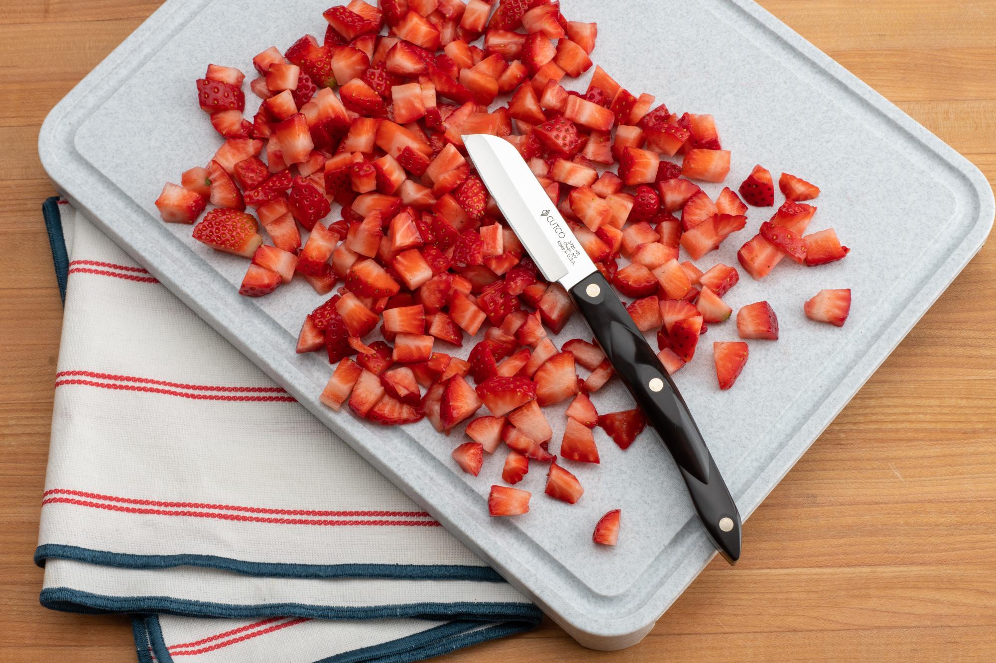 Diced strawberries with a Santoku-Style Paring Knife.