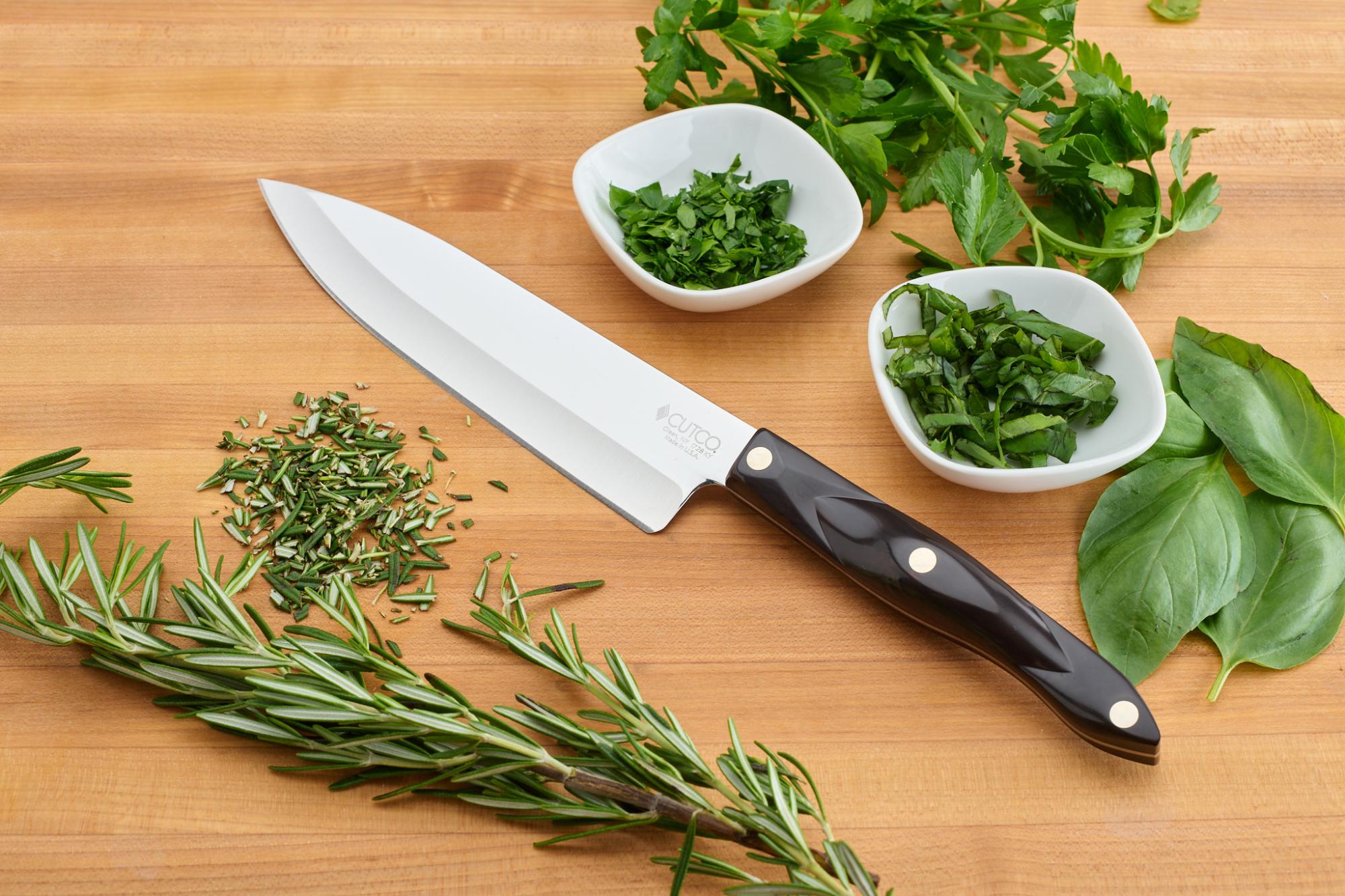 Sliced basil, chopped parsley and chopped rosemary with P Chef