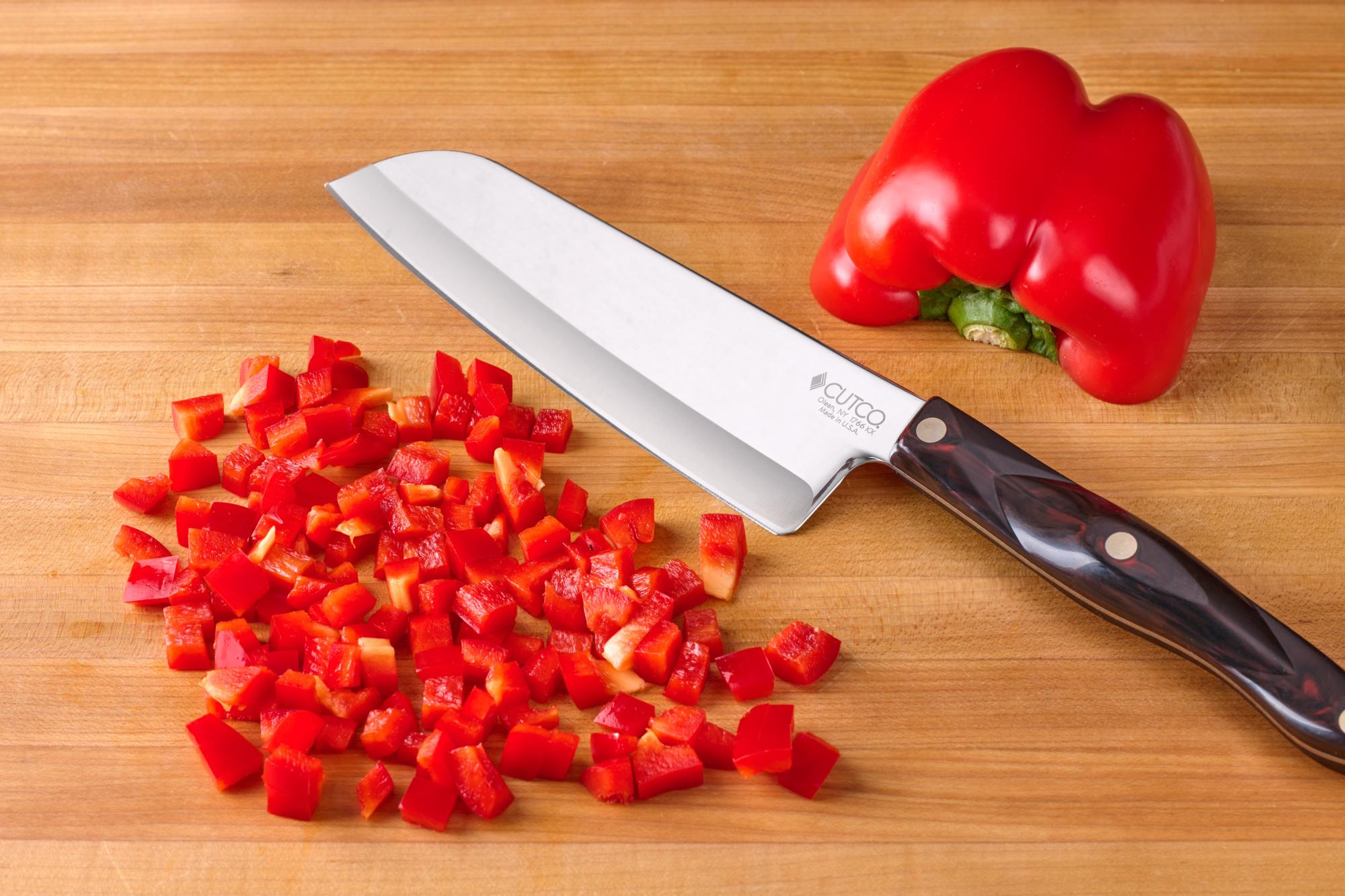 Diced red pepper with a Santoku.