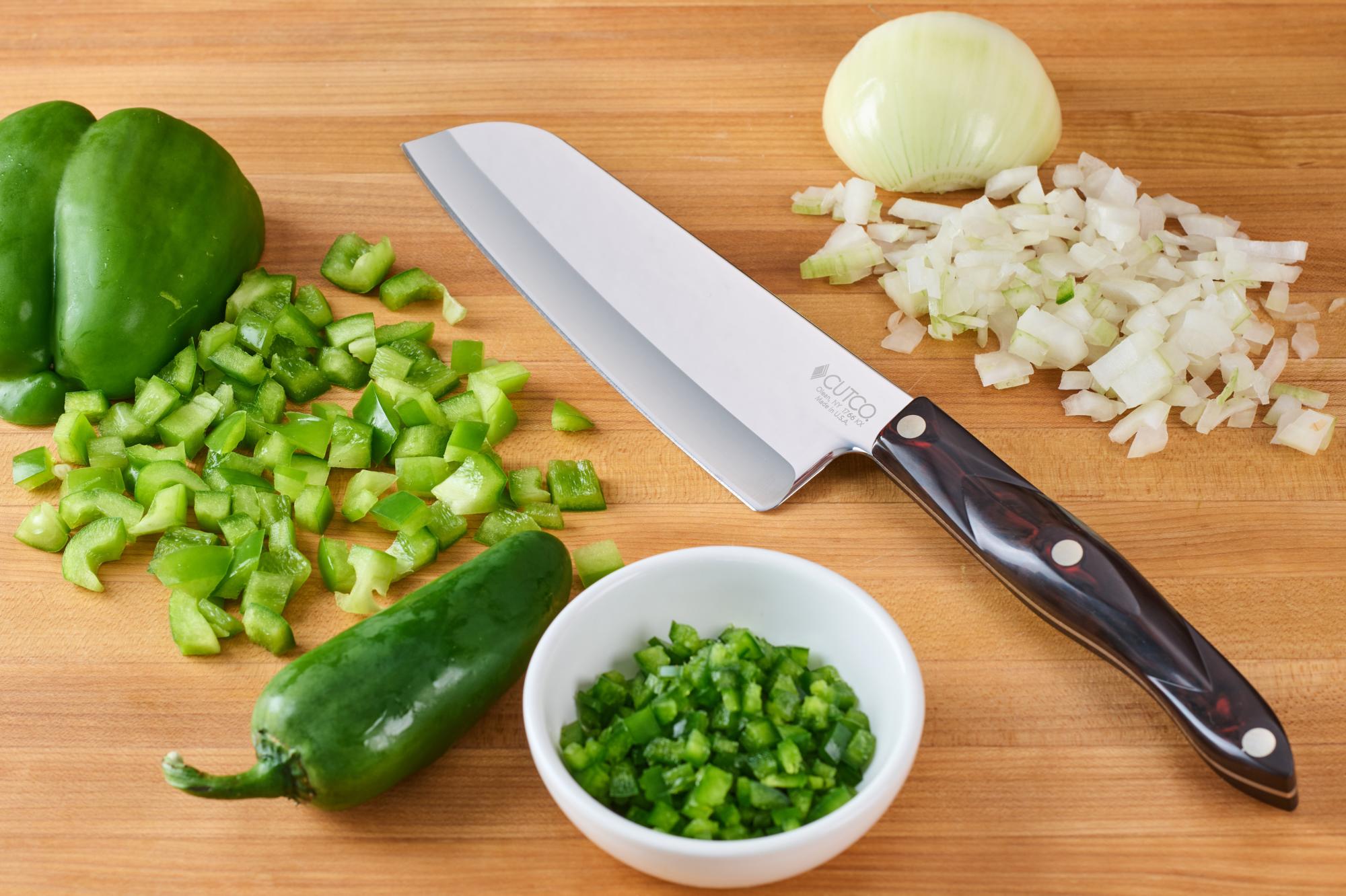 Santoku with ingredients.