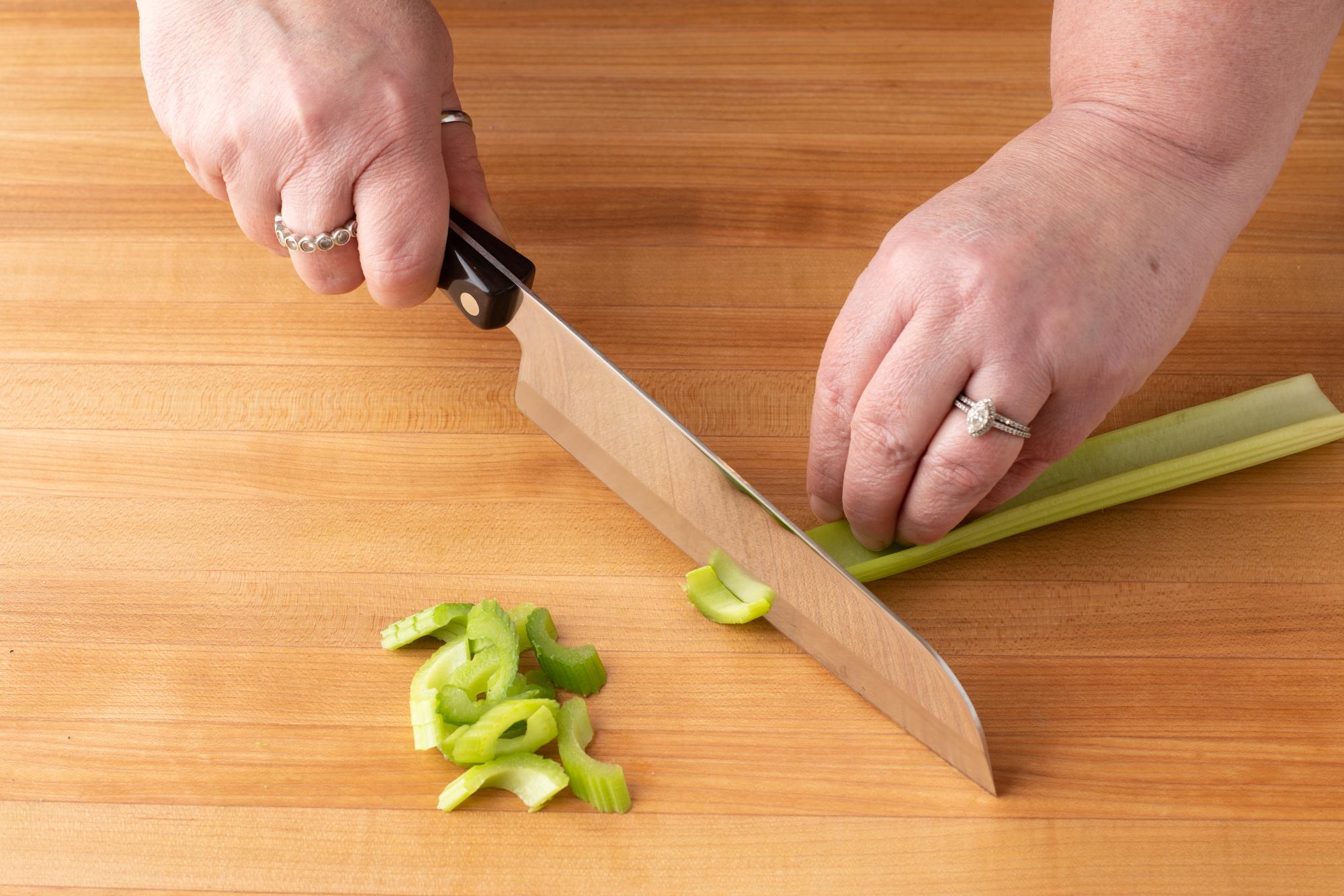 Thinly slicing celery using 7" Santoku.