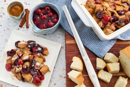 Cherry Bread Pudding With White Chocolate Sauce