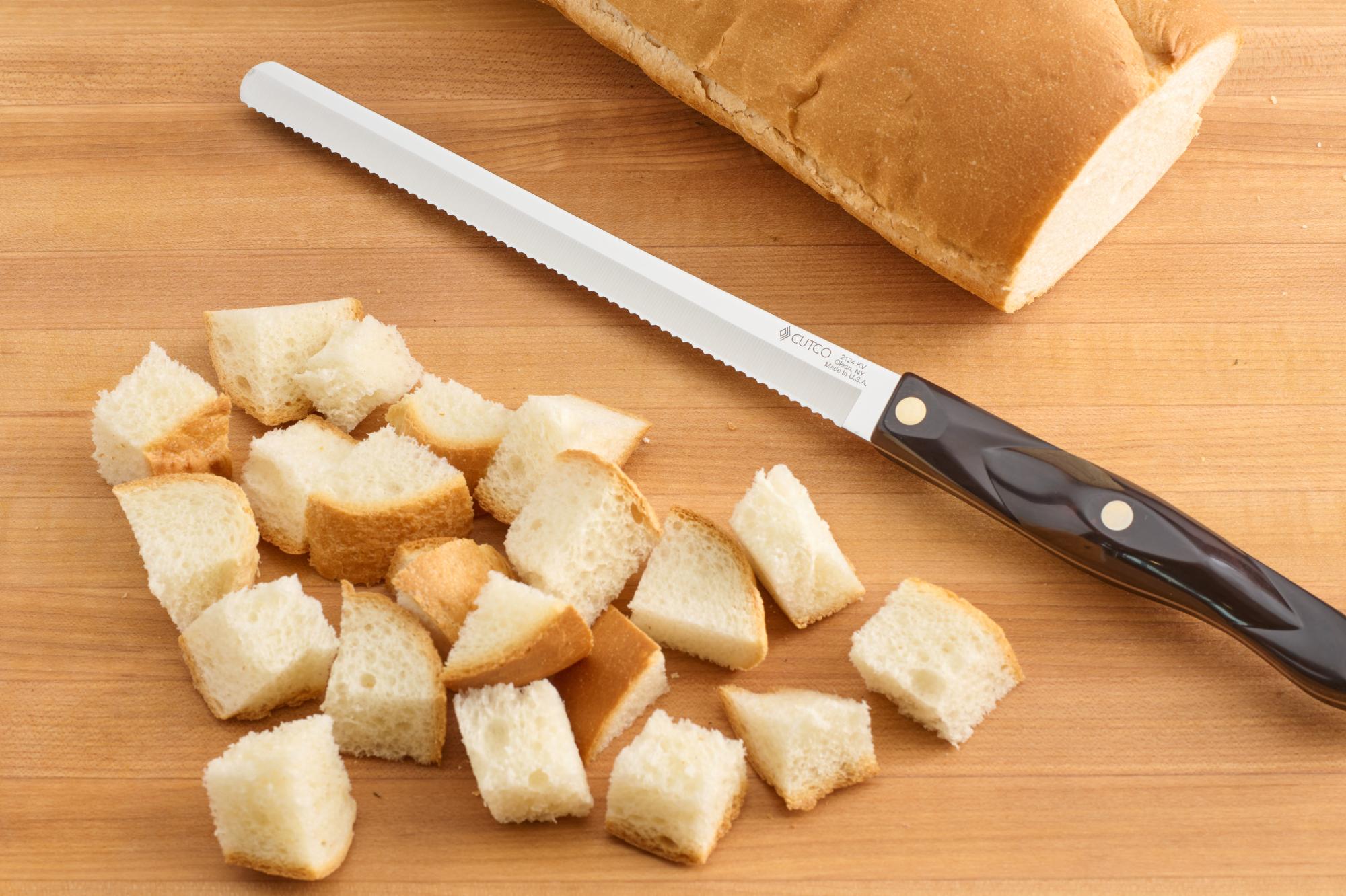 Cubed French bread using a Petite Slicer.