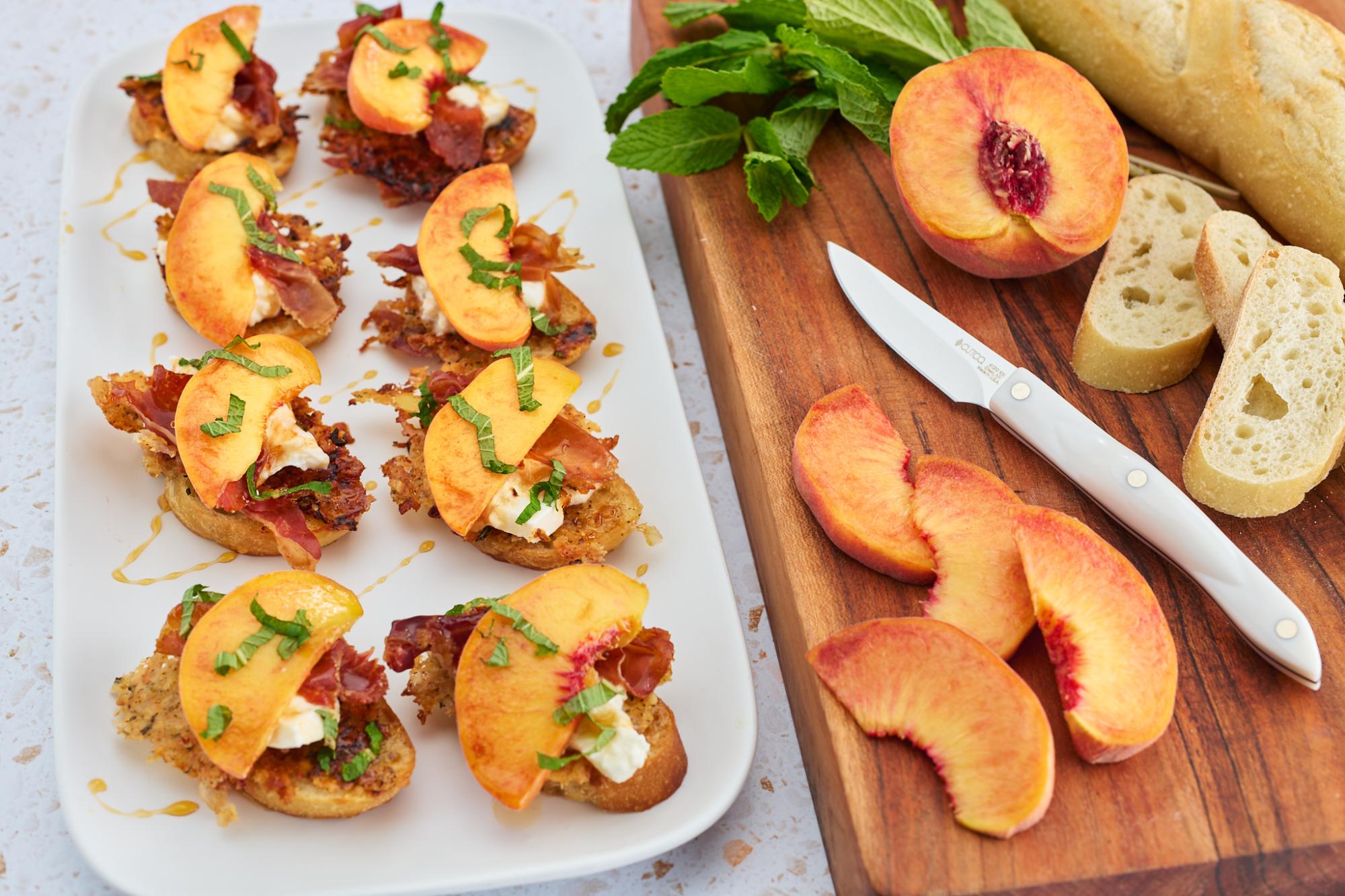 Peach, Prosciutto and Burrata Crostini With Hot Honey