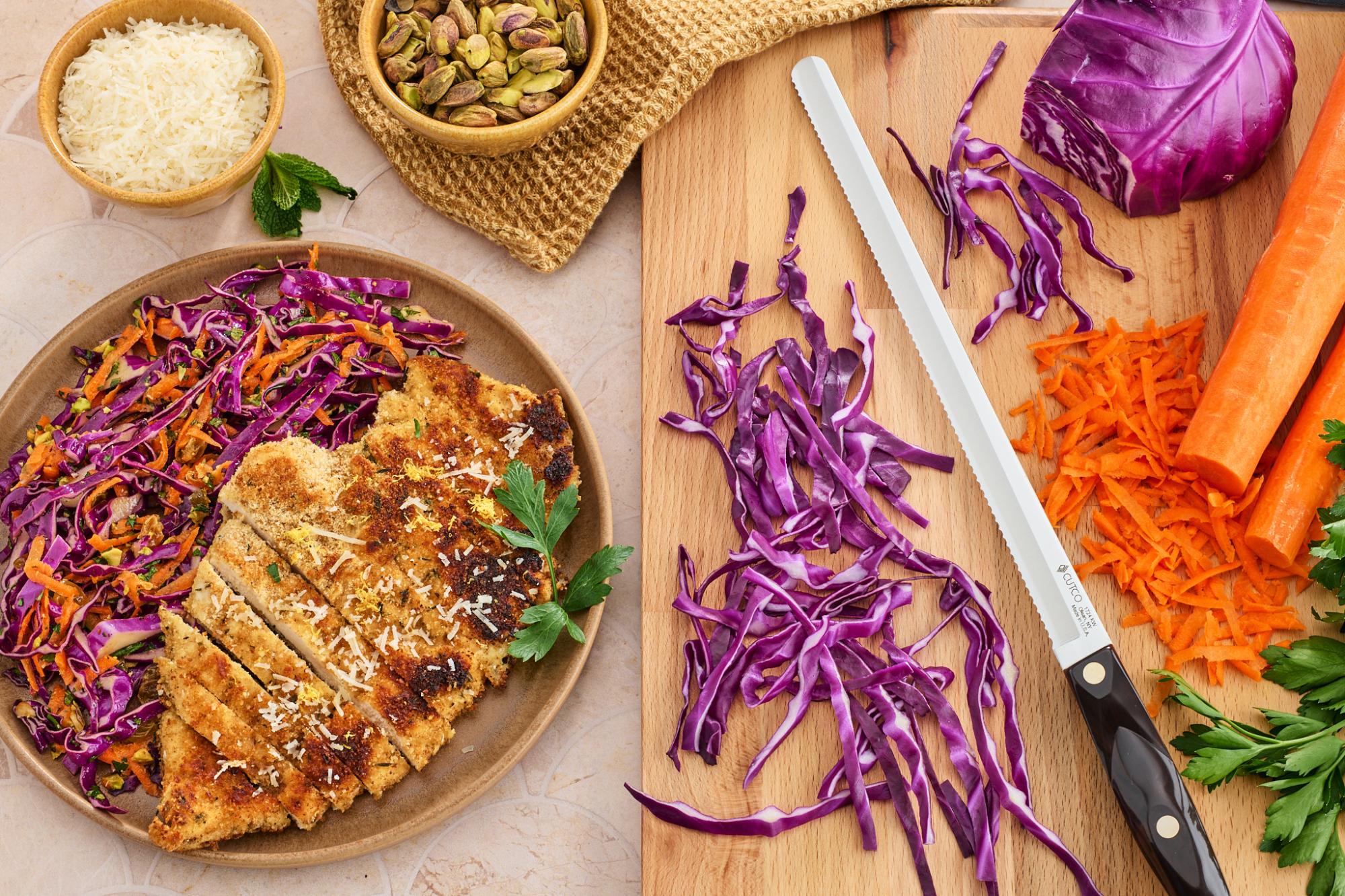 Chicken Cutlet Over Red Cabbage and Carrot Slaw