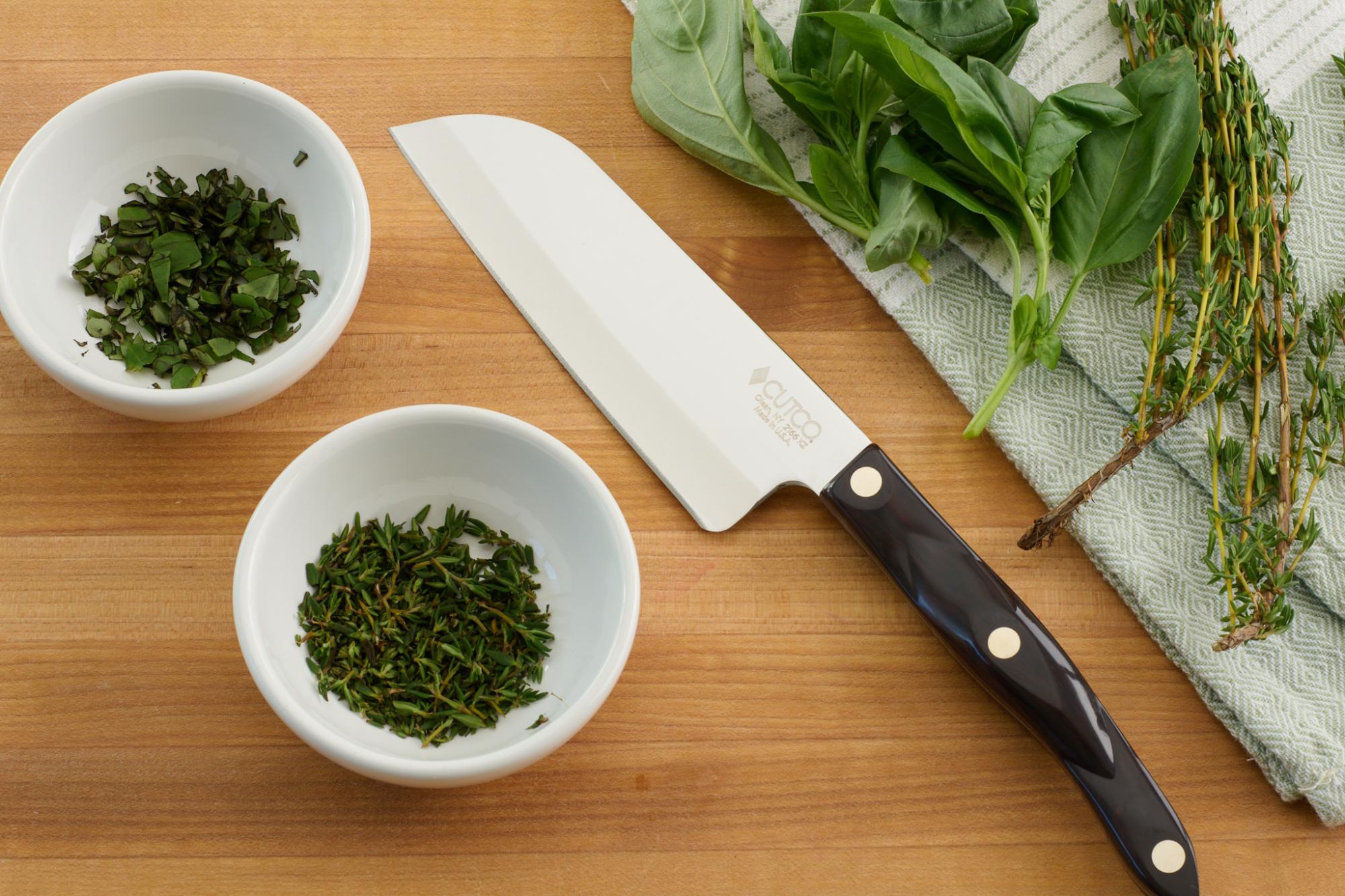 chopped herbs with 5″ Petite Santoku