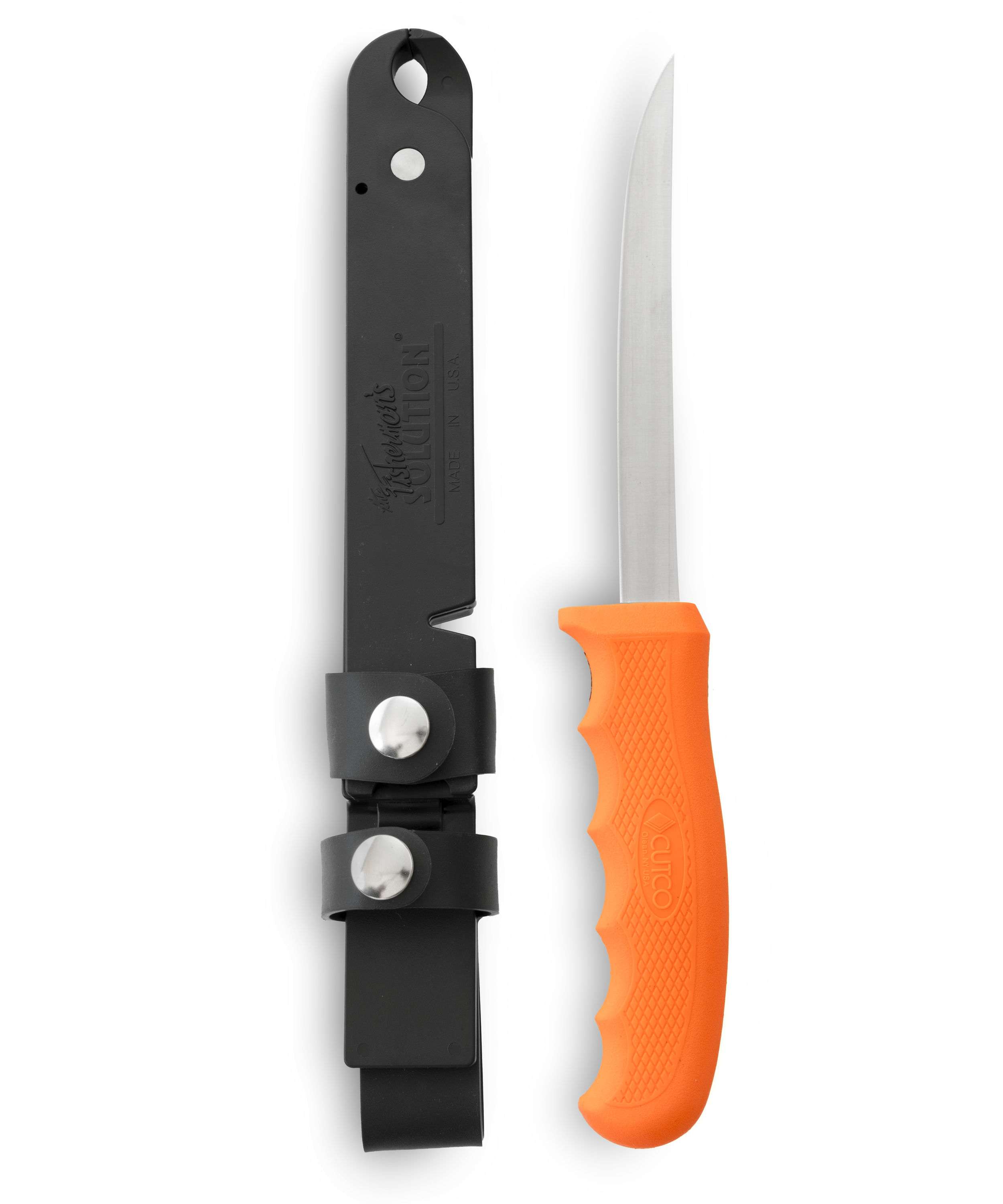 CUTCO Fisherman's Solution #5721 with 6 - 9 Adjustable Blade and 5.4  ORANGE Handle. Pivoting sheath doubles as a gripper; built-in, notched line