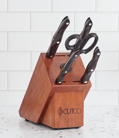  Cutco 21 Piece Kitchen Knife Set with Cherry Finish Oak Block,  8 Table Knives, Paring Knife, Trimmers, Santoku Chopper Chef Knife, Carver,  Slicer, Cheese Knife, Turning Fork, Shears, Peeler, Sharpener: Home