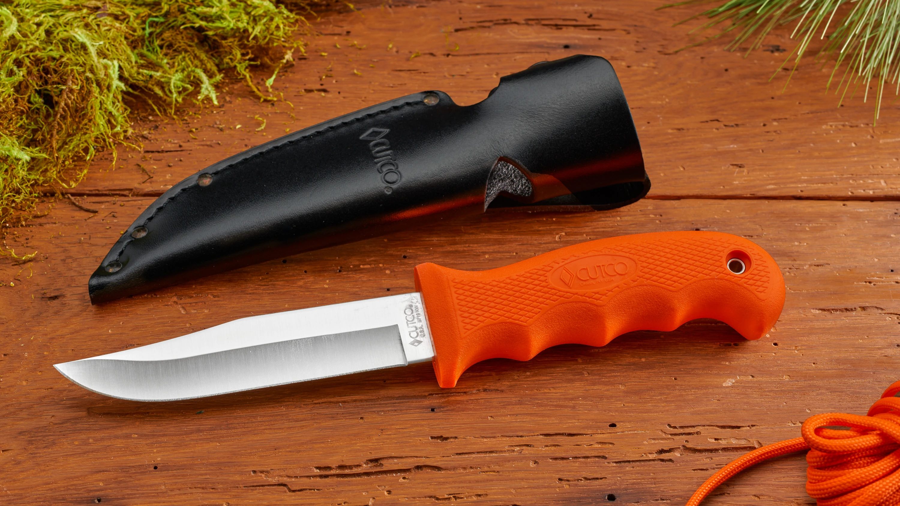  CUTCO Model 5718 Orange STRAIGHT EDGE Drop Point Knife..High  Carbon 4 1/4 Blade..4 3/4 Durable Kraton handle.Leather  sheath and lanyard included.: Home & Kitchen