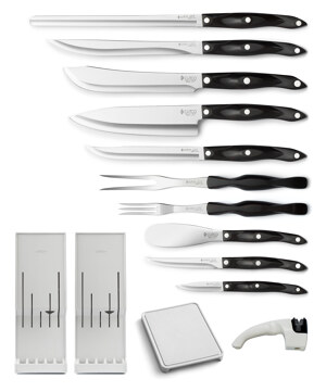  CUTCO Model 1847 Space Saver set includes 5 High Carbon  Stainless knives, all in factory-sealed plastic bags.set also includes  Honey Finish Oak Block, Sharpener, and 8 x12 Poly Prep Cutting