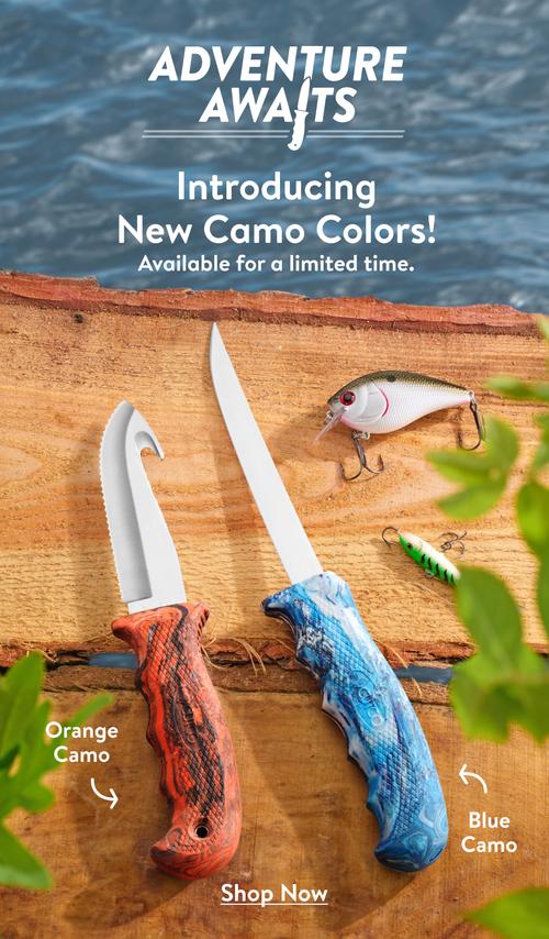 Orange and Blue Camo Sporting Knives - Available for a limited time.