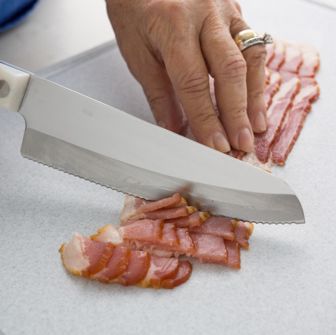 Chopping the bacon with a Hardy Slicer.