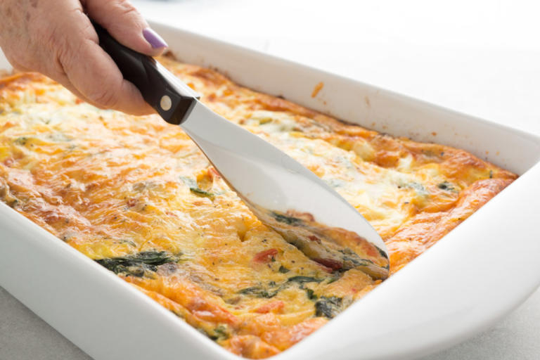 Slicing the Egg Bake with a Spatula Spreader.